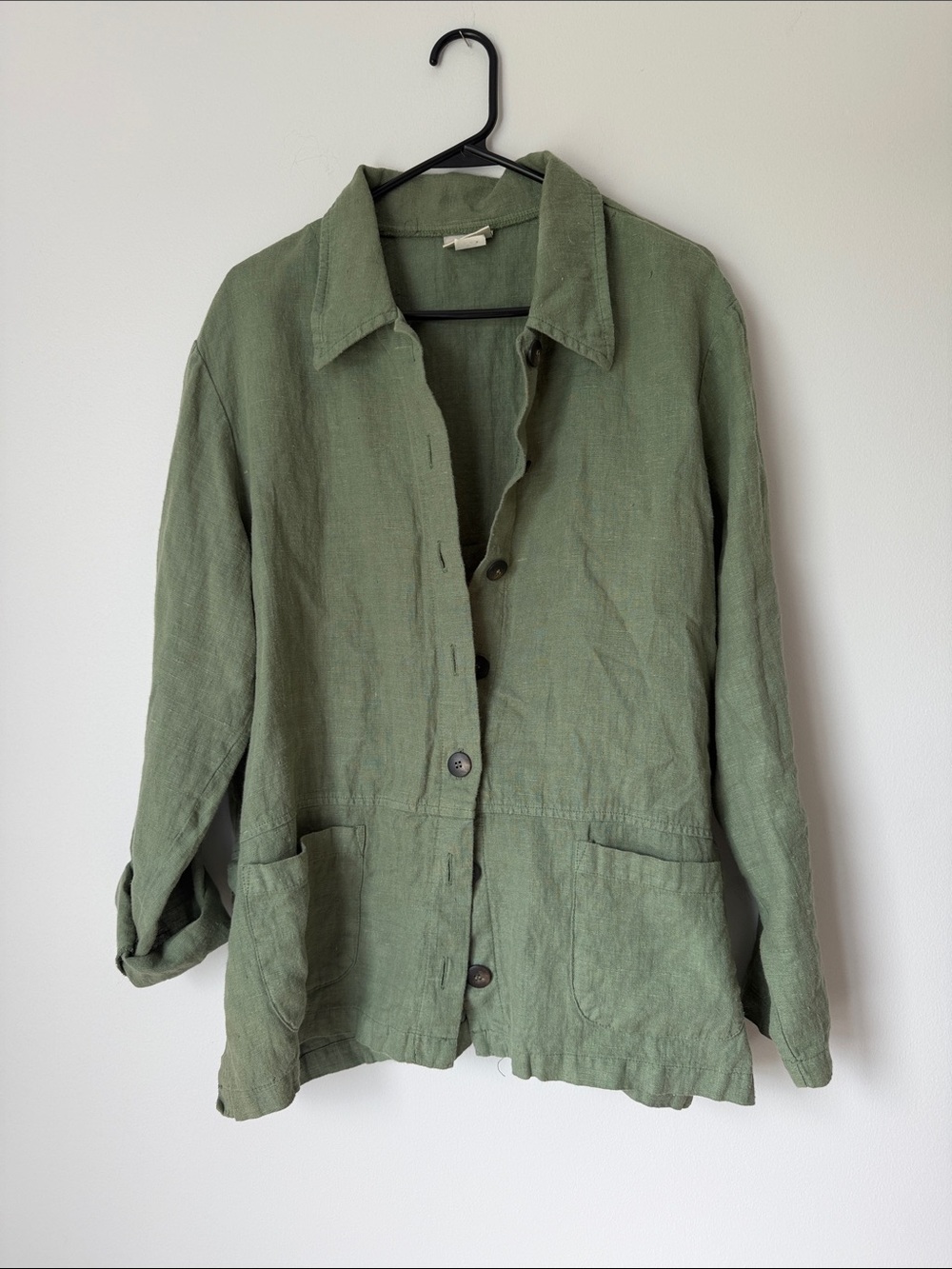 Women's Olive Utility Jacket with Front Pockets vintage 100% linen
